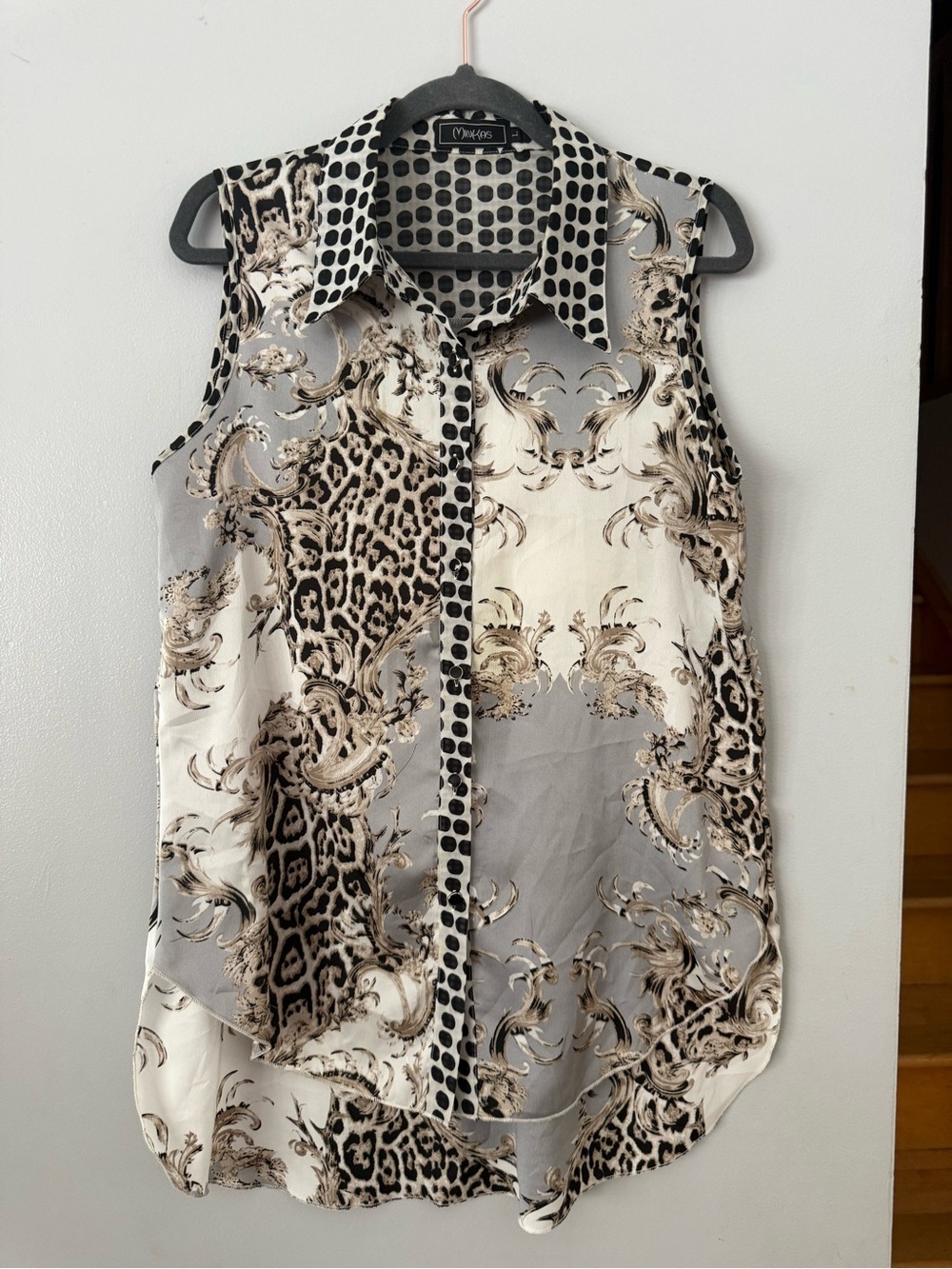 🇨🇦EUC Minkas Mixed Print Sleeveless Button-Up Patchwork Blouse - Leopard/Baroque